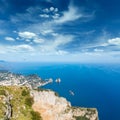 Aerial view of famous Faraglioni rocks from Monte Solaro at Capri island, Italy.