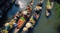 Aerial view famous floating market. Farmer go to sell organic products, fruits, vegetables and Thai cuisine Royalty Free Stock Photo