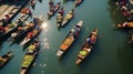 Aerial view famous floating market. Farmer go to sell organic products, fruits, vegetables and Thai cuisine Royalty Free Stock Photo