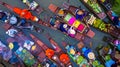 Aerial view famous floating market in Thailand, Damnoen Saduak floating market, Farmer go to sell organic products, fruits, Royalty Free Stock Photo