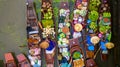 Aerial view famous floating market in Thailand, Damnoen Saduak floating market, Farmer go to sell organic products, fruits, Royalty Free Stock Photo