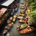 Aerial view famous floating market in Thailand, Damnoen Saduak floating market Royalty Free Stock Photo