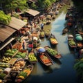 Aerial view famous floating market in Thailand, Damnoen Saduak floating market, Farmer go to sell organic products Royalty Free Stock Photo