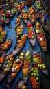 Aerial view famous floating market in Thailand, Damnoen Saduak floating market, Farmer go to sell organic products Royalty Free Stock Photo