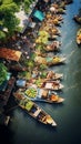 Aerial view famous floating market in Thailand, Damnoen Saduak floating market, Royalty Free Stock Photo