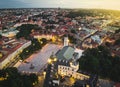 Aerial view from famous Gediminas castle tower to main cathedral square and old town Vilnius city buildings panorama background in Royalty Free Stock Photo