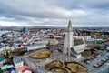 Aerial view of famous Hallgrimskirkja Cathedral and the city of