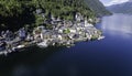 Aerial view of famous Hallstatt mountain village with Hallstaetter Lake in the Austrian Alps. Royalty Free Stock Photo
