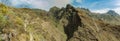 Aerial view of famous Hell gorge in Adeje. Sunny day. Blue sky and clouds above the mountains. Rocky tracking road in dry mountain Royalty Free Stock Photo