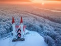 Aerial view of the famous landmark of Ufa and Bashkiria - Lala Tulip mosque during sunset in winter season. Islamic religion Royalty Free Stock Photo