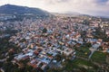 Aerial view of famous landmark valley Pano Lefkara village, Larnaca, Cyprus with orange ceramic roofs, drone photo Royalty Free Stock Photo