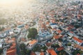 Aerial view of famous landmark valley Pano Lefkara village, Larnaca, Cyprus with orange ceramic roofs, drone photo Royalty Free Stock Photo