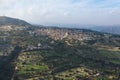 Aerial view of famous landmark valley Pano Lefkara village, Larnaca, Cyprus with orange ceramic roofs, drone photo Royalty Free Stock Photo