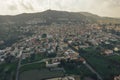 Aerial view of famous landmark valley Pano Lefkara village, Larnaca, Cyprus with orange ceramic roofs, drone photo Royalty Free Stock Photo