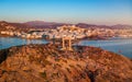 Aerial view of the famous Portara monument and Naxos town