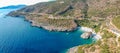 Aerial view of the famous rocky beach Foneas near Kardamyli village in the seaside Messenian Mani area during high tourist Summer Royalty Free Stock Photo