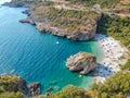 Aerial view of the famous rocky beach Foneas near Kardamyli village in the seaside Messenian Mani area during high tourist Summer Royalty Free Stock Photo