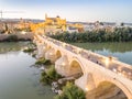 Aerial view of Roman bridge and Mosque - Cathedral of Cordoba, Andalusia, Spain