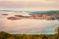 Aerial view of famous tourist sea resort Primosten and Adriatic seacoast at sunset, Dalmatia, Croatia