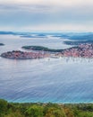 Aerial view of famous tourist sea resort Primosten and Adriatic seacoast at sunset, Dalmatia, Croatia