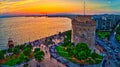 Aerial view of famous White Tower of Thessaloniki at sunset, Greece. Royalty Free Stock Photo