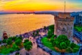 Aerial view of famous White Tower of Thessaloniki at sunset, Greece. Royalty Free Stock Photo