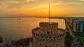 Aerial view of famous White Tower of Thessaloniki at sunset, Greece. Royalty Free Stock Photo
