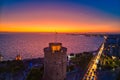 Aerial view of famous White Tower of Thessaloniki at sunset, Greece Royalty Free Stock Photo
