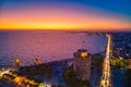 Aerial view of famous White Tower of Thessaloniki at sunset, Greece Royalty Free Stock Photo