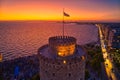 Aerial view of famous White Tower of Thessaloniki at sunset, Greece