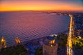 Aerial view of famous White Tower of Thessaloniki at sunset, Greece Royalty Free Stock Photo