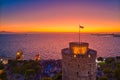 Aerial view of famous White Tower of Thessaloniki at sunset, Greece Royalty Free Stock Photo