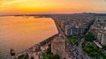 Aerial view of famous White Tower of Thessaloniki at sunset, Greece. Royalty Free Stock Photo