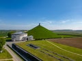 Aerial View at the Waterloo Hill with the statue of the lion of Memorial Battle of Waterloo, Belgium. Aerial landscape Royalty Free Stock Photo
