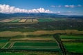 Aerial view of farm fields valley in the Kamchatka in Russia.