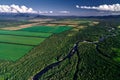 Aerial view of farm fields valley in the Kamchatka in Russia.
