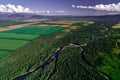 Aerial view of farm fields valley in the Kamchatka in Russia