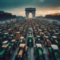 aerial view of farmer activist drive tractor march reach Paris France for agriculture ban protest