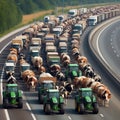 aerial view of farmer activist drive tractor and truck march reach city for agriculture ban protest