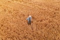 Aerial view of farmer standing in ripe barley crop field
