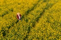 Aerial view of farmer using drone remote controller in blooming rapeseed field