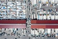 Aerial view of farmers market. many trailer trucks at warehouse docks