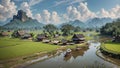 Aerial view of a farmhouse surrounded by a lush green field, nestled among a picturesque forest, and set against a backdrop of