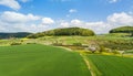 Aerial View of farming land with crop field, pasture and orchard