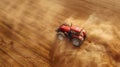 Aerial view of farming tractor plowing and spraying on agricultural field landscape Royalty Free Stock Photo