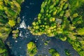 Aerial view of fast river in beautiful green spring forest in Finland Royalty Free Stock Photo