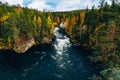 Aerial view of fast river in beautiful orange and red autumn forest, Finland Royalty Free Stock Photo