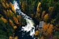 Aerial view of fast river with suspension foot bridge in beautiful orange and red autumn forest. Oulanka National Park, Finland Royalty Free Stock Photo