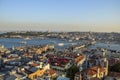 Aerial view of Fatih historic district and Galata Bridge over Golden Horn bay from Galata tower at sunset, Istanbul, Turkey Royalty Free Stock Photo