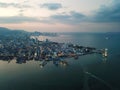 Aerial view ferry arrive Penang terminal at night.